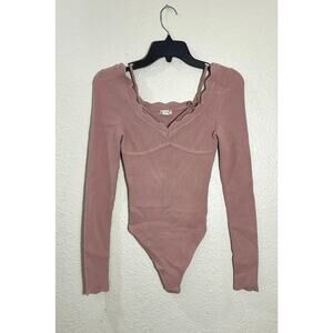 Free People Intimately Ribbed Long Sleeve Bodysuit Adobe Rose Size M NWT